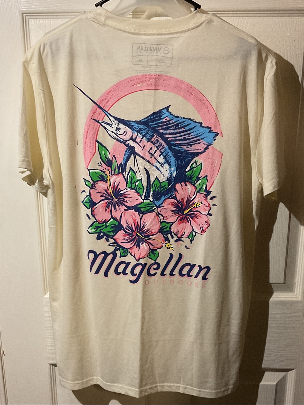 Magellan Outdoors Cream Tee with Pink Floral & Blue Marlin Graphic